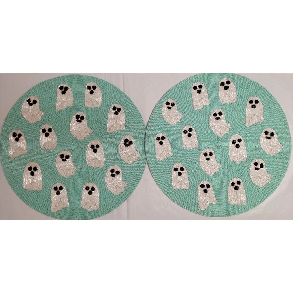 2x Nicole Miller Halloween Ghosts Beaded Placemat Centerpiece Charger 15